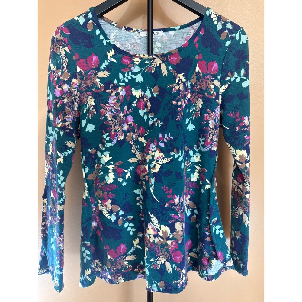 Crochet Womens Teal Floral Long Sleeve Knit Top Crew Neck Button Detail Size S‎